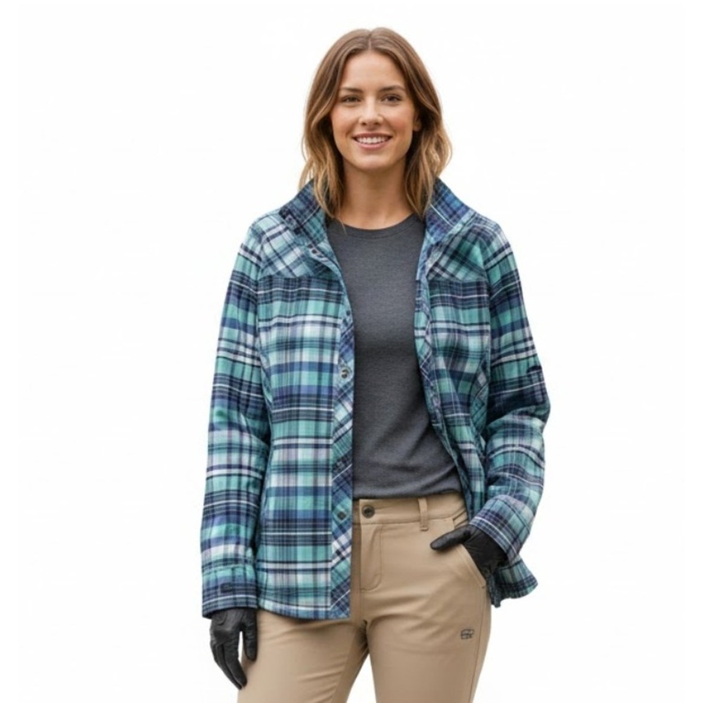 KERRITS Womens SM Plaid Snap Shirt Long Sleeve Aqua Blue Black Purple Equestrian